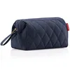 A navy blue quilted toiletry bag with a gold zipper and a small red tag. Produktbild-Vorschau