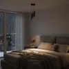 A bedroom scene at night with a bed, window, and a pendant light. Podgląd zdjęcia produktu