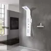 A modern bathroom with a sleek white shower panel and a large window. Voir les images du produit