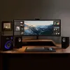 A desk setup with a large curved monitor, speakers, keyboard, and mouse. Produktbild-Vorschau