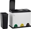 A white three-compartment trash can with black lids and pedals, next to a black trash bin. Produktbild-Vorschau