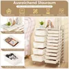 A collage showcasing a white rolling cart with multiple drawers, presented with text overlays describing its storage capacity and potential uses. Produktbild-Vorschau