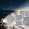 A construction worker is using an angle grinder at night, illuminated by a portable LED work light. A large ship is visible in the background. Produktbild-Vorschau