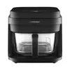 A black air fryer with a glass bowl and a metal basket inside, shown from the front on a white background. Produktbild-Vorschau