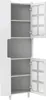 A white corner cabinet with two doors, each with glass panels, is shown open, revealing shelves inside. Produktbild-Vorschau