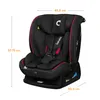 A black car seat with red trim, with dimensions indicated by lines and text. Produktbild-Vorschau