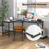 A modern L-shaped desk setup in a home office environment, featuring a computer, laptop, and a plant. Náhled obrázku produktu