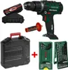 A collection of power tools and accessories, including a drill, battery, charger, case, and drill bit sets, arranged on a white background. Produktbild-Vorschau