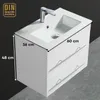 A white bathroom vanity with a sink and faucet, showing dimensions. Produktbild-Vorschau