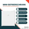 A white mini refrigerator is shown next to a list of its features, presented as marketing material. Produktbild-Vorschau