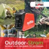A collage of images showing a generator in different outdoor and work settings, with text overlays. Produktbild-Vorschau