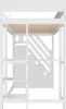 A white wooden bunk bed with stairs, shelves, and drawers. Produktbild-Vorschau