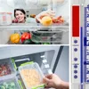 A collage showing a woman reaching into a refrigerator, a close-up of the refrigerator's contents, and a thermometer. Produktbild-Vorschau