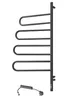 A black, modern towel warmer with four U-shaped arms mounted on a vertical bar, shown against a white background. A power cord with a plug is visible at the bottom. Náhľad obrázku produktu