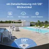 An outdoor patio area with a swimming pool, lounge chairs, and a dining set, with promotional text and graphics overlaid. Produktbild-Vorschau