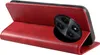 A red flip cover phone case is shown from a diagonal angle, with the phone inside and its camera module visible. Produktbild-Vorschau