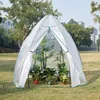 A white greenhouse with green trim is set up in a grassy outdoor area, filled with various potted plants. Anteprima dell’immagine prodotto