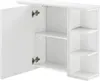 A white bathroom wall cabinet with one door open, revealing shelves inside and an additional set of open shelves on the right side. Produktbild-Vorschau