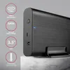 A close-up of an external hard drive enclosure with feature callouts. Produktbild-Vorschau
