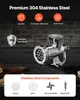 A stainless steel meat grinder is displayed on a countertop, with various components and features highlighted. Produktbild-Vorschau