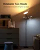 A floor lamp with two rotatable heads is shown in a room setting, with text highlighting its features. Podgląd zdjęcia produktu