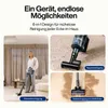 Collage of images showing a woman using a cordless vacuum cleaner in a living room, a close-up of the vacuum head on carpet, and the vacuum head cleaning a hard floor. Produktbild-Vorschau