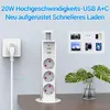 A pop-up power strip with USB ports is shown on a desk, connected to a wall outlet. Produktbild-Vorschau