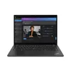 A Lenovo ThinkPad T14s Gen 4 laptop is shown from a slightly elevated front-diagonal angle, with its screen displaying a video enhancement software interface. The software shows a live video feed of a woman wearing a headset, with various adjustment slider Produktbild-Vorschau