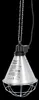 A hanging heat lamp with a metal cone-shaped reflector and a wire cage around the bulb, suspended by chains against a black background. Produktbild-Vorschau