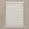 A close-up view of a white roller blind with horizontal stripes, mounted in a window frame. Produktbild-Vorschau