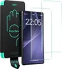 A product shot of a phone screen protector installation kit next to a smartphone and two screen protectors. Voir les images du produit