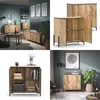 A collage of images showing a modern wooden dresser and cabinet in different settings. Voir les images du produit