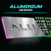 A close-up marketing image of a gaming keyboard with aluminum accents and RGB lighting. Produktbild-Vorschau