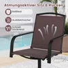 A close-up of a brown outdoor chair with black metal frame, with graphics indicating breathability. Produktbild-Vorschau
