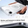 A hand holding a clear phone case with a magnetic ring on the back. Produktbild-Vorschau
