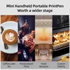 Collage of images showing different applications of a portable print pen, including coffee art, parties, hotel banquets, and custom baking. Podgląd zdjęcia produktu