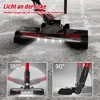 A vacuum cleaner head with LED lights on a carpet, with inset images showing its flexibility. Produktbild-Vorschau