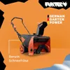 A snowblower is shown on an orange and black background with text and logos. Podgląd zdjęcia produktu