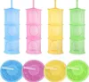 Four hanging mesh organizers in different colors, each with three tiers, are displayed along with their folded counterparts. Produktbild-Vorschau