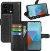 A black flip case for a Xiaomi Redmi Note 13 Pro 5G phone, shown open with cards and cash inside, and also shown closed with the phone inside. Produktbild-Vorschau