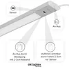 A diagram illustrating the features of an under-cabinet light bar, showing sensor placement and hand gestures for control. Produktbild-Vorschau