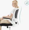 A woman is sitting in a white and black ergonomic office chair. A green curved line and a circular icon with a person sitting in a chair are on the right side of the image. Produktbild-Vorschau