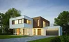 A modern, two-story house with a contemporary design, featuring large windows, wood accents, and a garage. The house is set in a well-maintained lawn with trees and a clear sky in the background. Produktbild-Vorschau