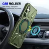A dark green phone case with a magnetic ring stand is shown attached to a car vent mount inside a car. Produktbild-Vorschau