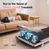 A child sleeping on a couch next to a treadmill, with marketing text overlayed. Produktbild-Vorschau
