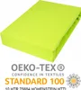 A folded yellow fitted sheet is shown on a white background with certification logos. Produktbild-Vorschau