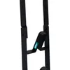 A close-up view of a black metal stand with a black rubber grip, featuring a teal label with white text. Produktbild-Vorschau