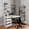 A modern white desk with drawers and shelves in a home office setting. Produktbild-Vorschau