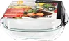 A glass casserole dish with its packaging, featuring product information and imagery of food. Podgląd zdjęcia produktu