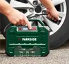 A person is using a portable air compressor to inflate a car tire. Produktbild-Vorschau